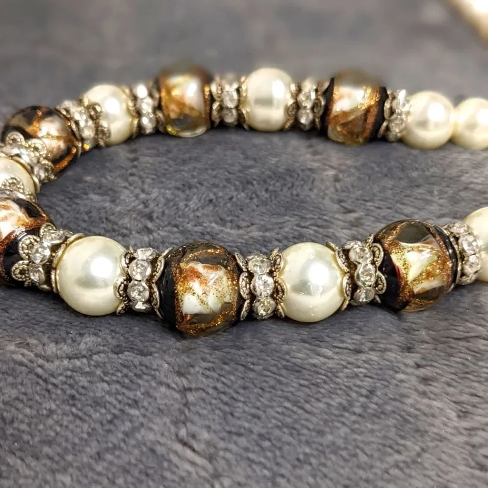 Vintage 90's Faux Pearl/Glass Beads & Rondal Rhinestone Bead Necklace